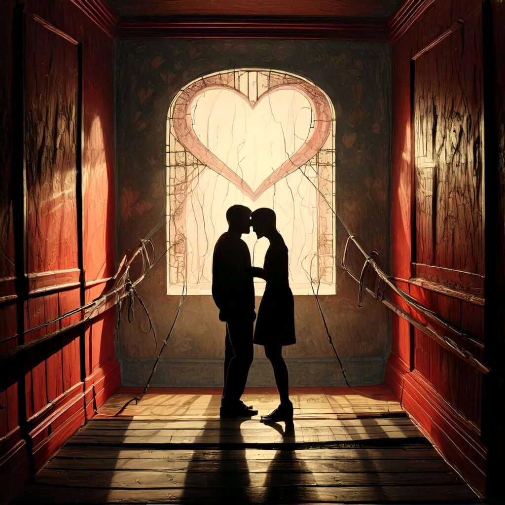 Silhouette of a couple standing in front of a heart-shaped window, surrounded by warm shadows and red walls, symbolizing the beauty and complexity of love.